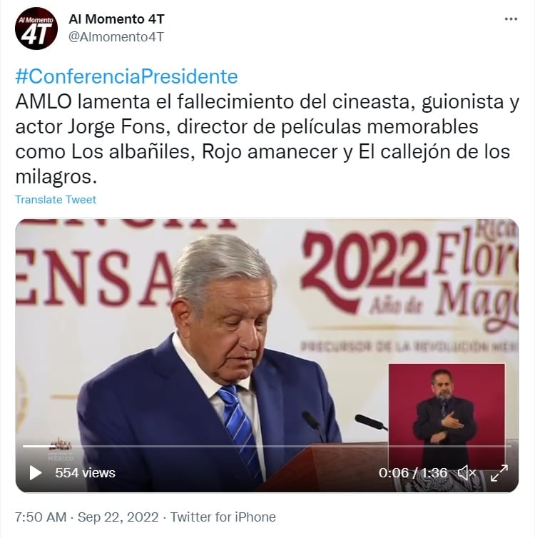 AMLO lamenta la muerte de Jorge Fons