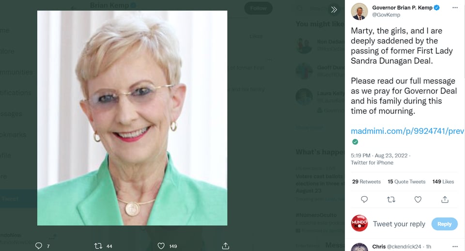 Muere Sandra Deal: Envían condolencias a la familia