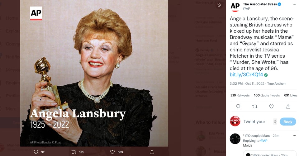 ANGELA LANSBURY DIES FIVE DAYS SHORT OF HER BIRTHDAY