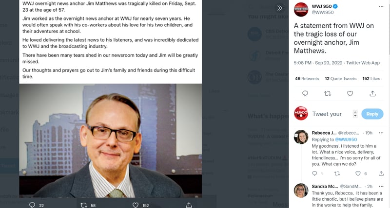 Broadcaster Jim Matthews murdered: "Many tears have been shed"
