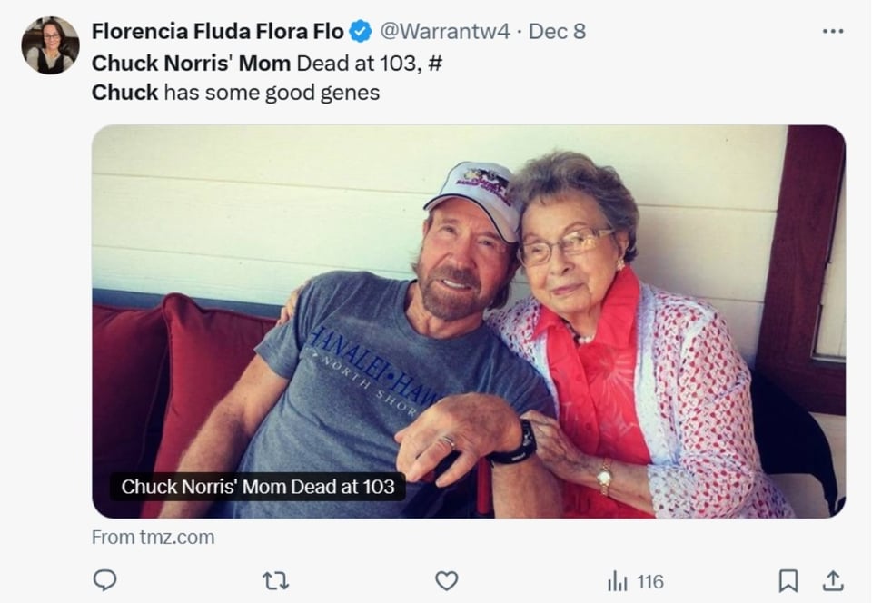 Chuck Norris mamá, Wilma Norris Knight, mensaje, redes sociales, MundoNOW