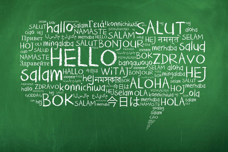 Hola nube de palabras con burbujas de discurso en pizarra, diferentes idiomas