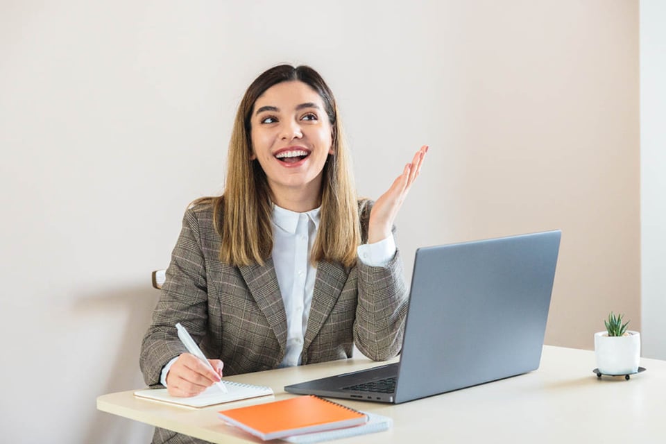 Young Woman, Laptop, writing a dating profile, online