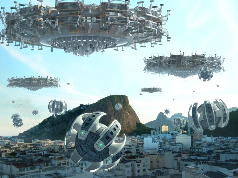 Alien starships over a city