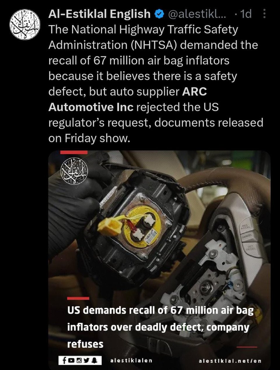 Company rejects US recall of air bag inflators