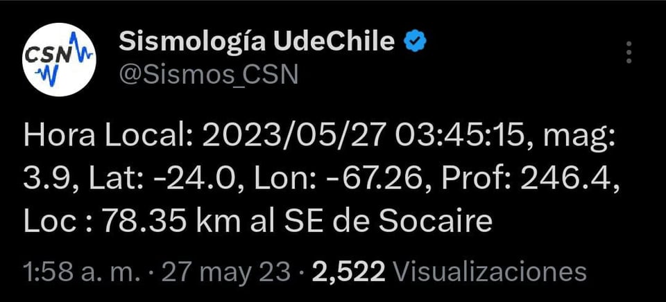 Se registra sismo de 3.9 en Chile en plena madrugada del sábado