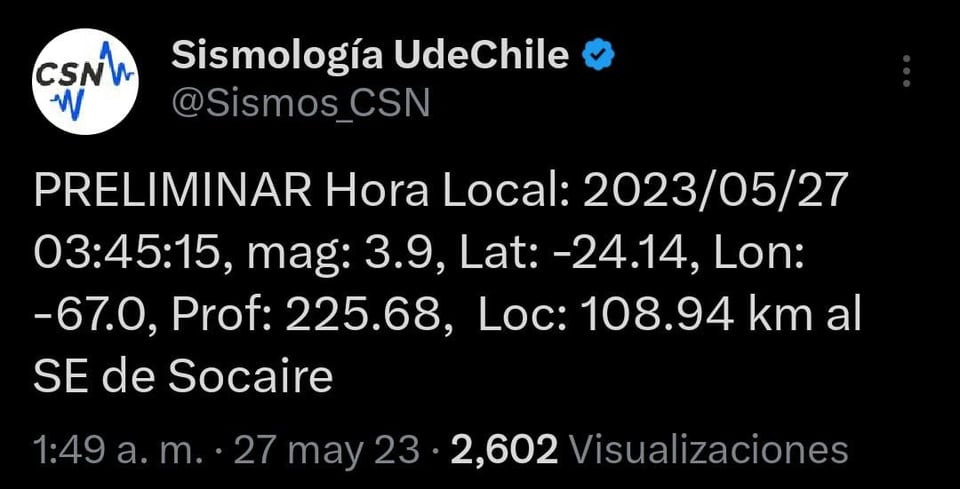 Se registra sismo de 3.9 en Chile