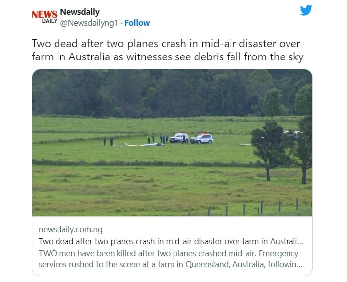 Two dead two planes collided in the air
