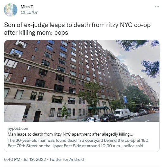 Judge's son throws himself naked from the 16th floor after heinous act against his mother