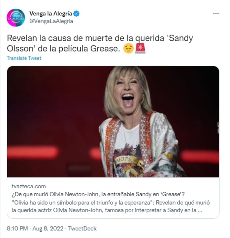 Revelan la verdadera causa de muerte de Olivia Newton-John