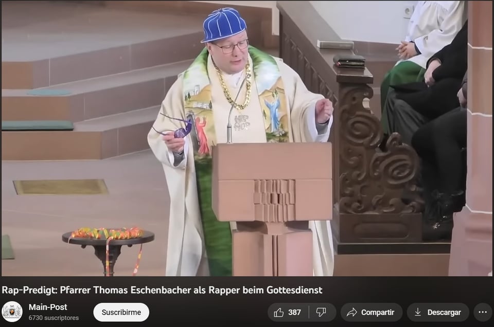 Priest, mass, rapping, cap, glasses, chains