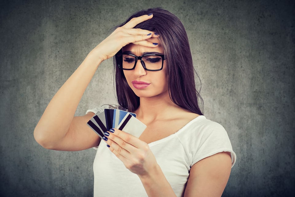 credit card, bank, debt, payment fees, worried woman