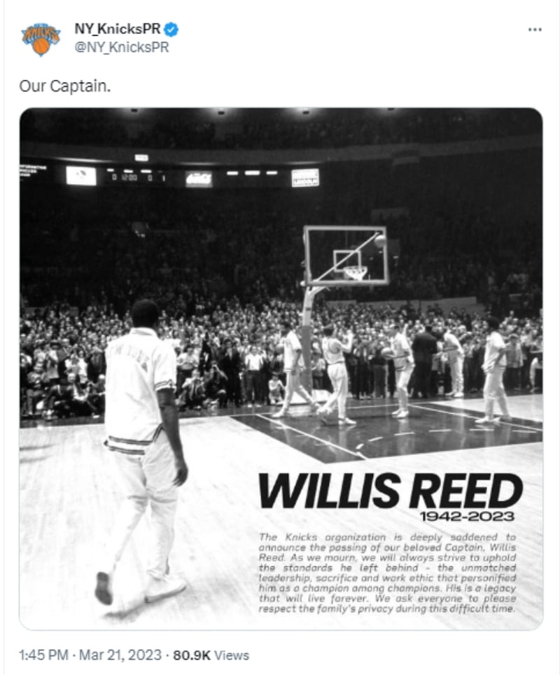 Muere basquetbolista Willis Reed: "Nos esforzaremos por mantener los estándares que nos dejó"