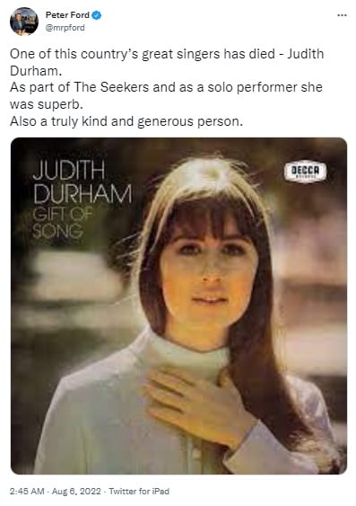 Muere Judith Durham cantante The Seekers