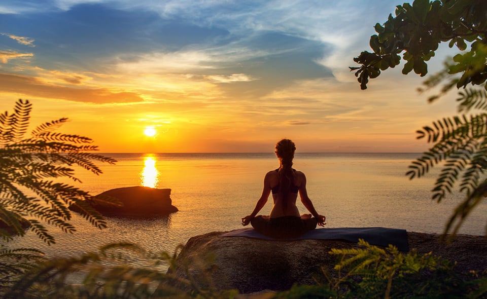 yoga, relaxation, woman, outside, sunset, overcome anxiety