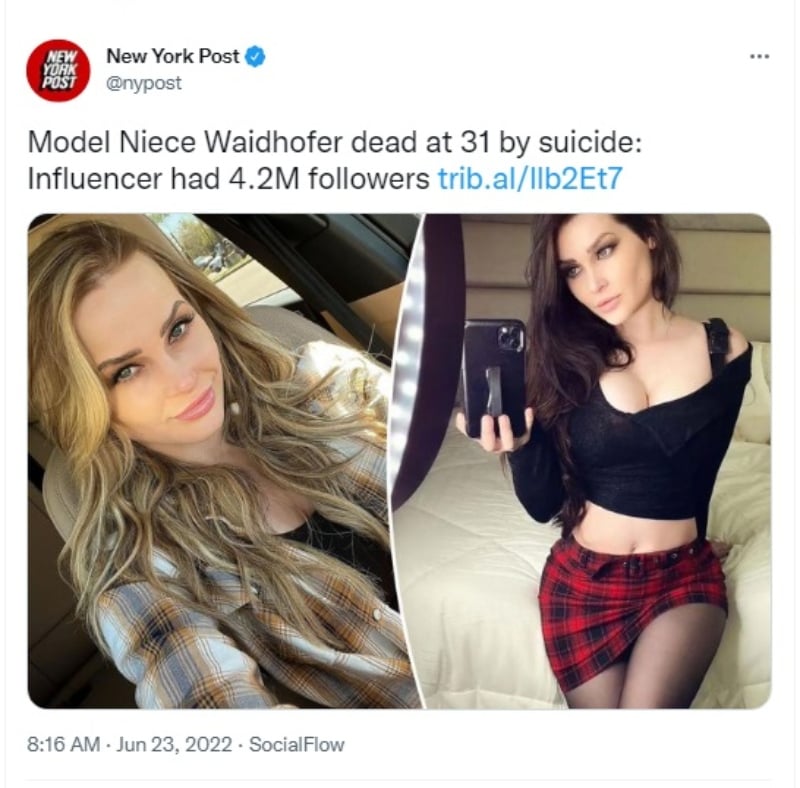 Revelan escalofriante mensaje de Niece Waidhofer antes de morir