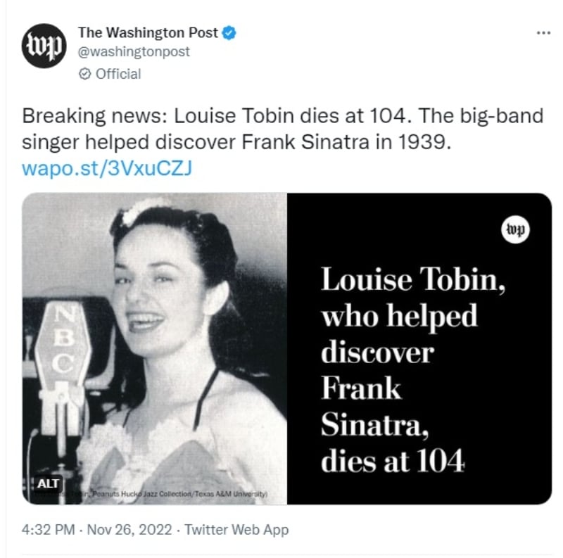 Muere la cantante Louise Tobin