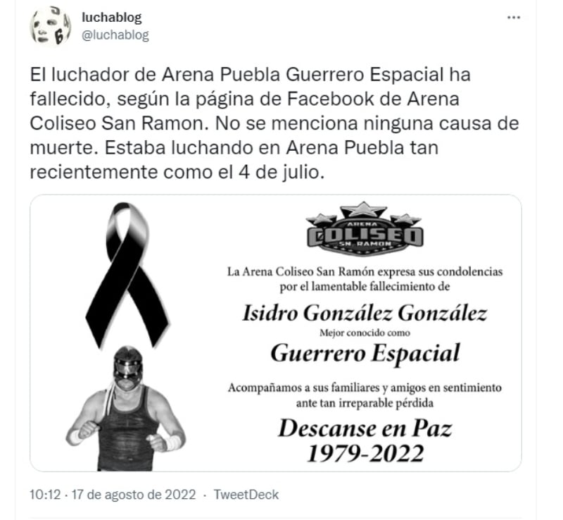 Muere luchador Guerrero Espacial: Expresan sus condolencias