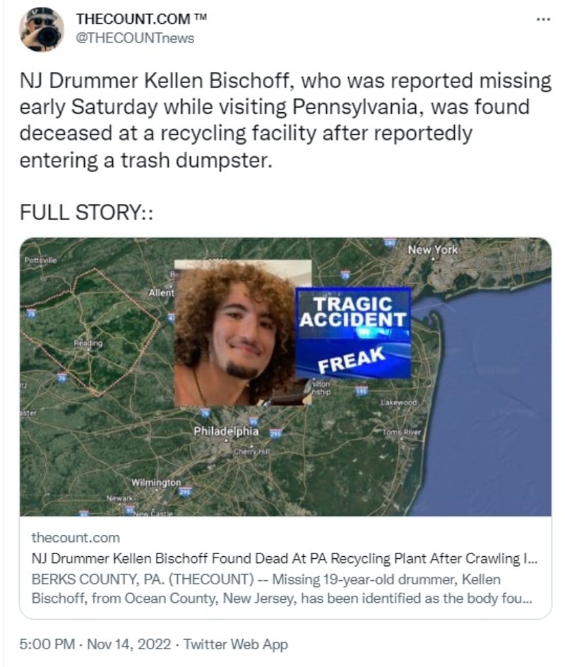 Garbage truck musician dies: He was reported missing
