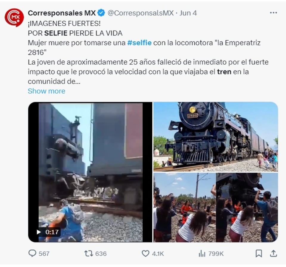 woman selfie train, La Emperatriz, Mexico, accident, MundoNOW