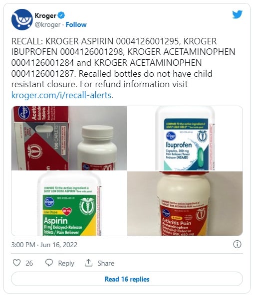 Walgreens and Kroger recall thousands of bottles of aspirin, ibuprofen and acetaminophen