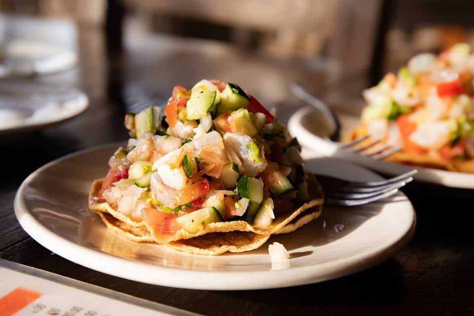 ceviche tostada, shrimp ceviche, toast, seafood, MundoNOW