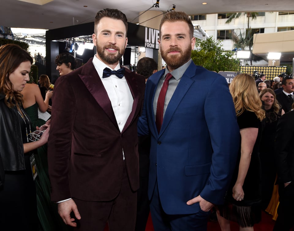 Scott Evans and Chris Evans, Red carpet, Dress suits, Smiling, Gala suits