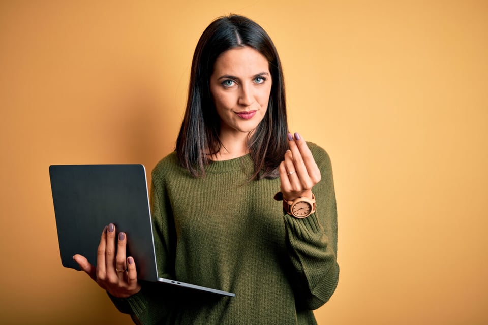 woman, laptop, thinking, confident, online