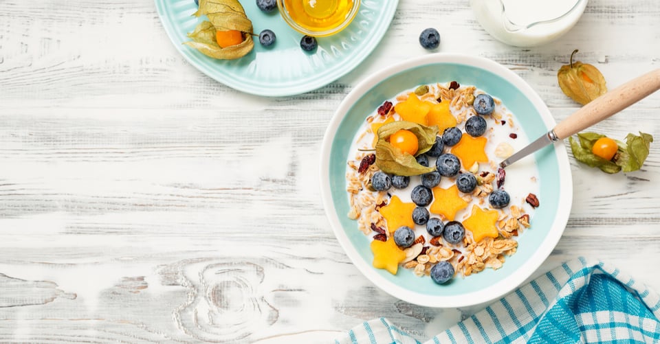 Breakfast with milk along with fruits