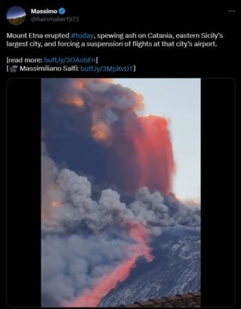 Mount Etna, Europe's most active volcano, erupts
